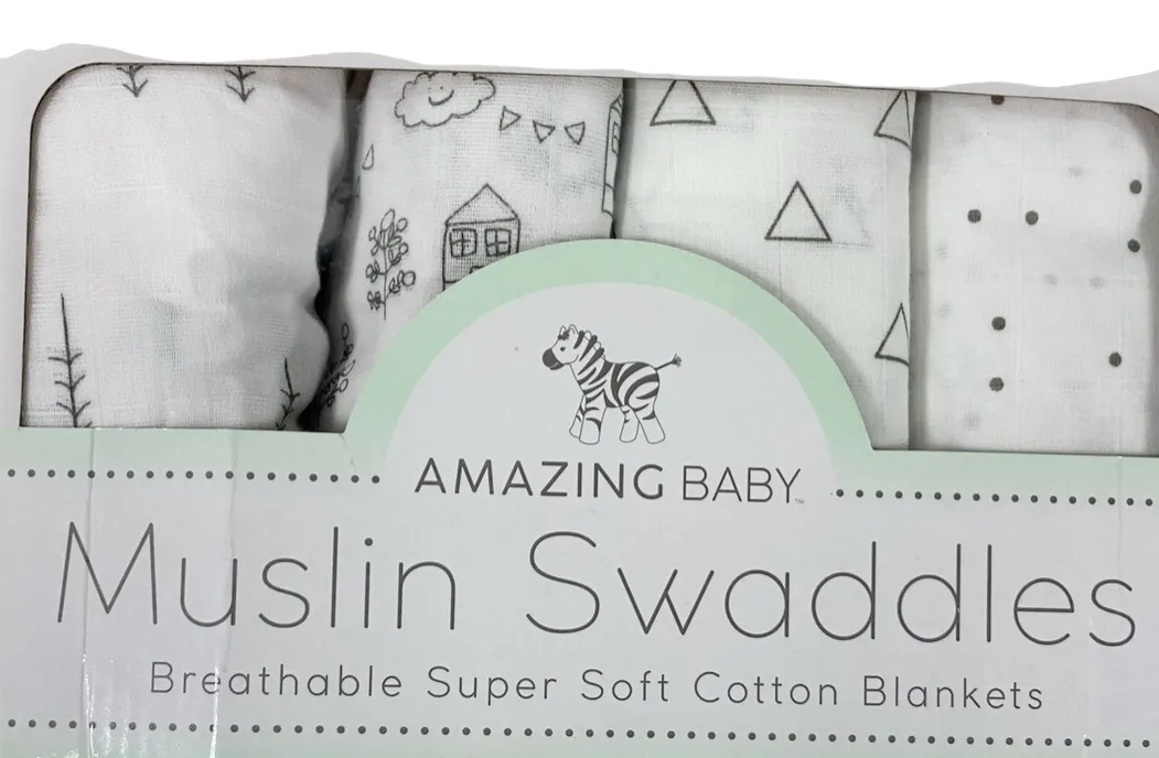 Amazing Baby Muslin Swaddle Blankets, Set of 4, Little Village & Trees