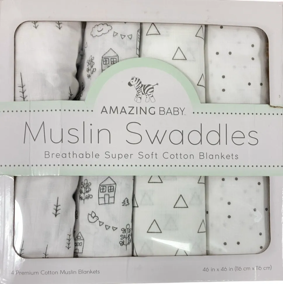 Amazing Baby Muslin Swaddle Blankets, Set of 4, Little Village & Trees