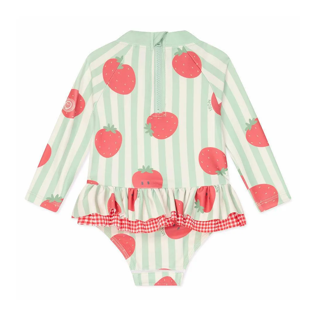 MORI Stripe Frill Long Sleeve Swimsuit - Strawberry & Green Stripe