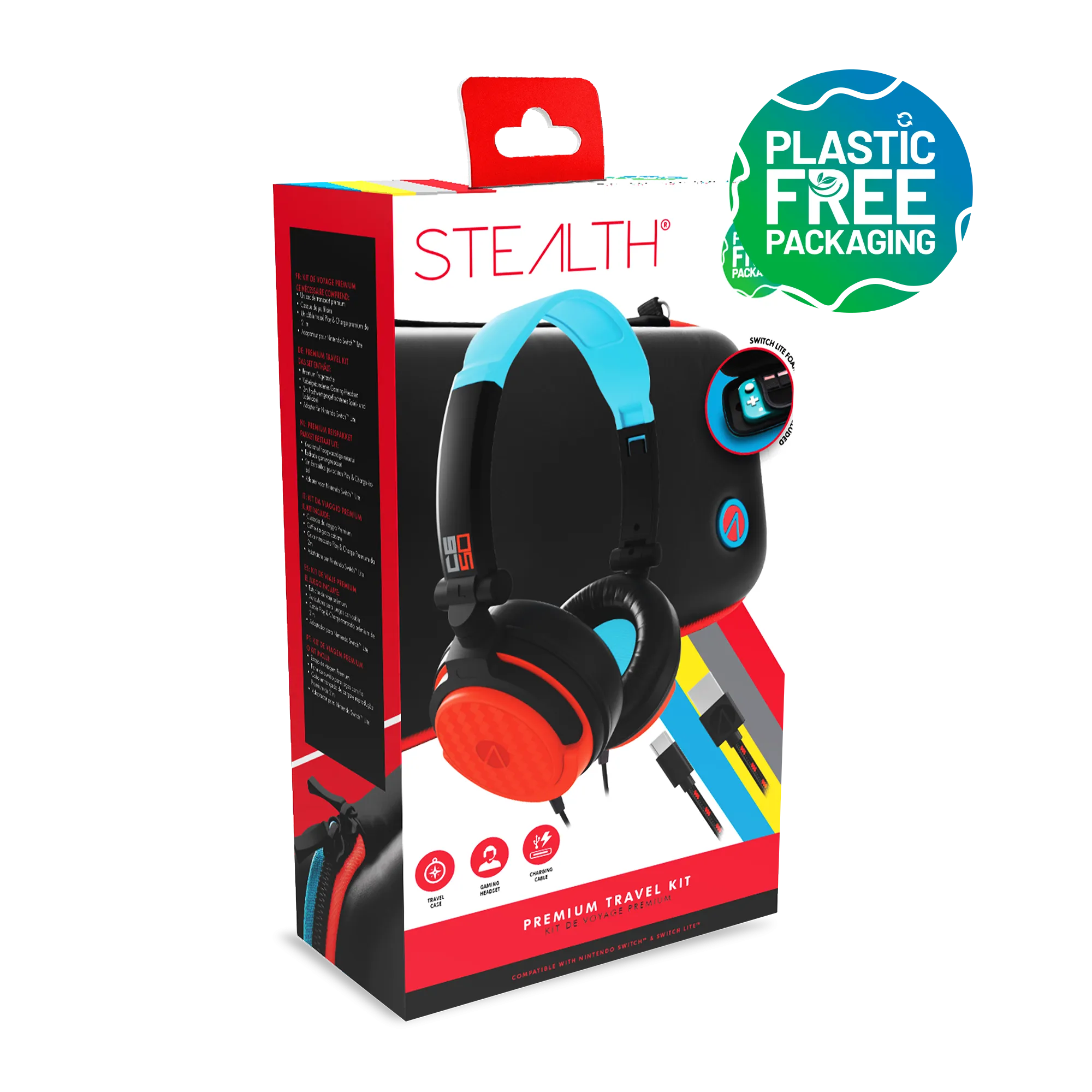 Stealth Premium Travel Kit for Nintendo Switch, Switch Lite & OLED - Gaming Headset, Braided Cable & Travel Case - Neon Red and Blue